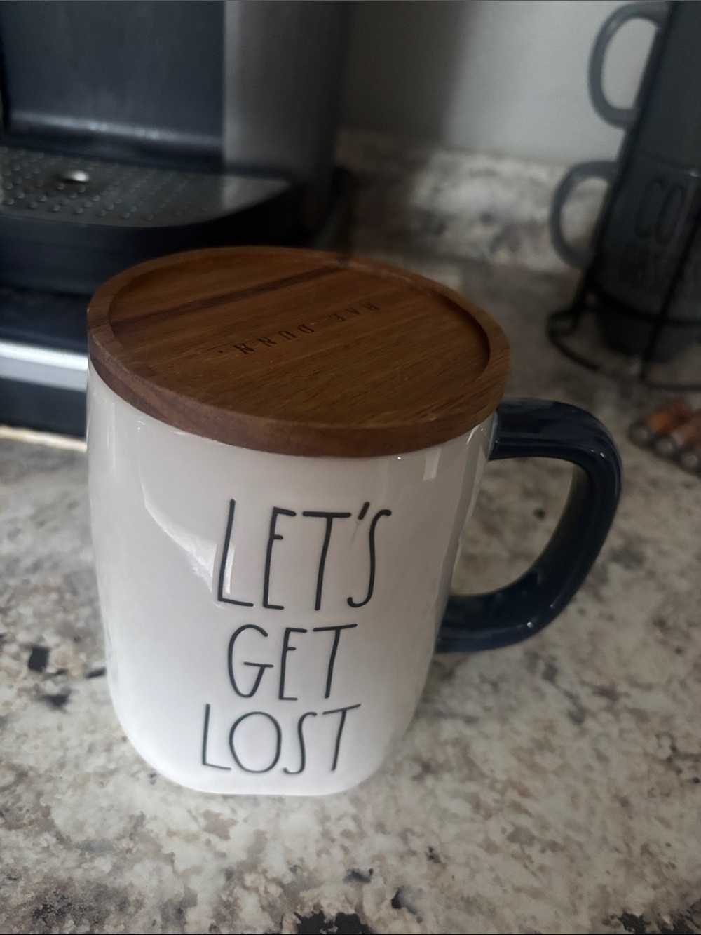 Rae Dunn White Mug with Navy Handle and Wood Lid - "LET'S GET LOST"